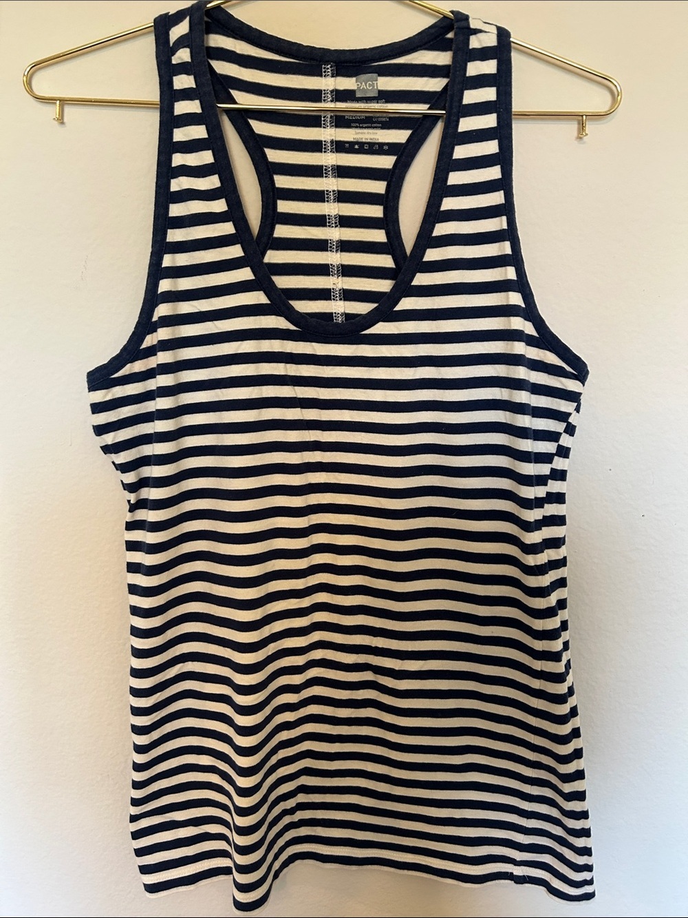 Pact Navy and White Striped Racerback Tank Top
